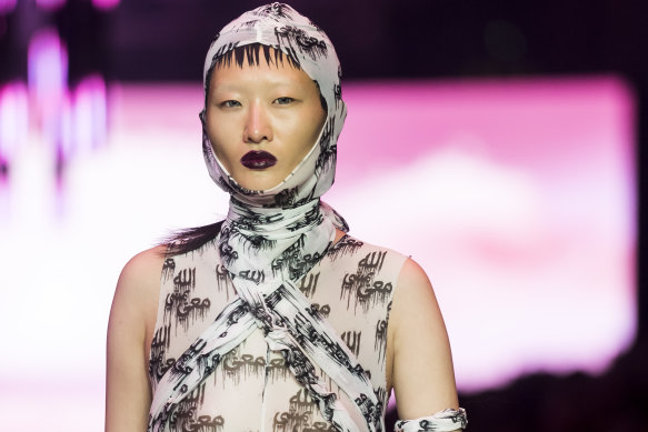 A model showcases designs by NOT A MAN’S DREAM during the Closing Runway at Melbourne Fashion Festival.