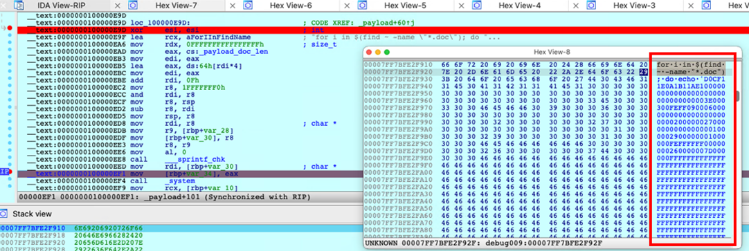 Figure 6. Disassembly of the sample that shows the search and overwriting commands